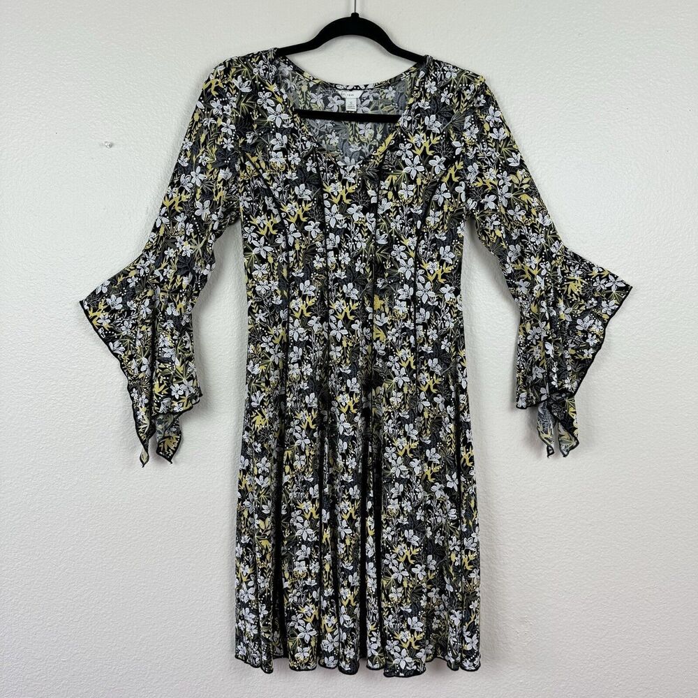 C EST 1946 Floral Bell Sleeve Whimsygoth Fairycore Dress Stretch Black Small